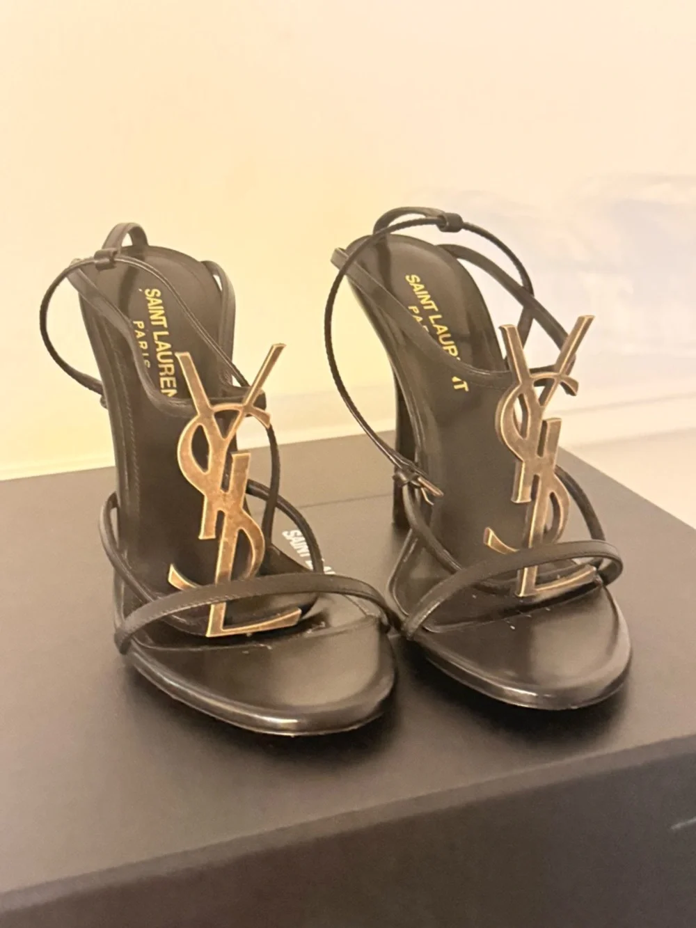 Saint Laurent Black Strappy Heeled Sandals with Gold YSL Emblem - Picture 3 of 5